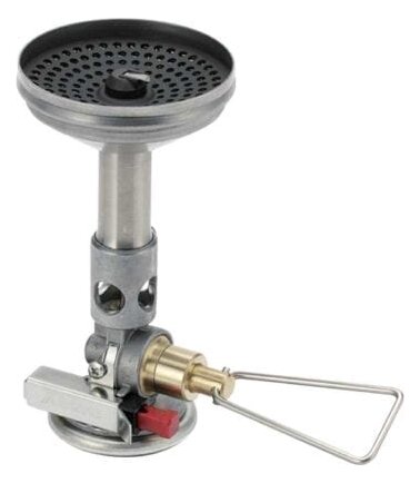 SOTO WindMaster burner without the pot support, with the concave burner head and the wire flame control handle