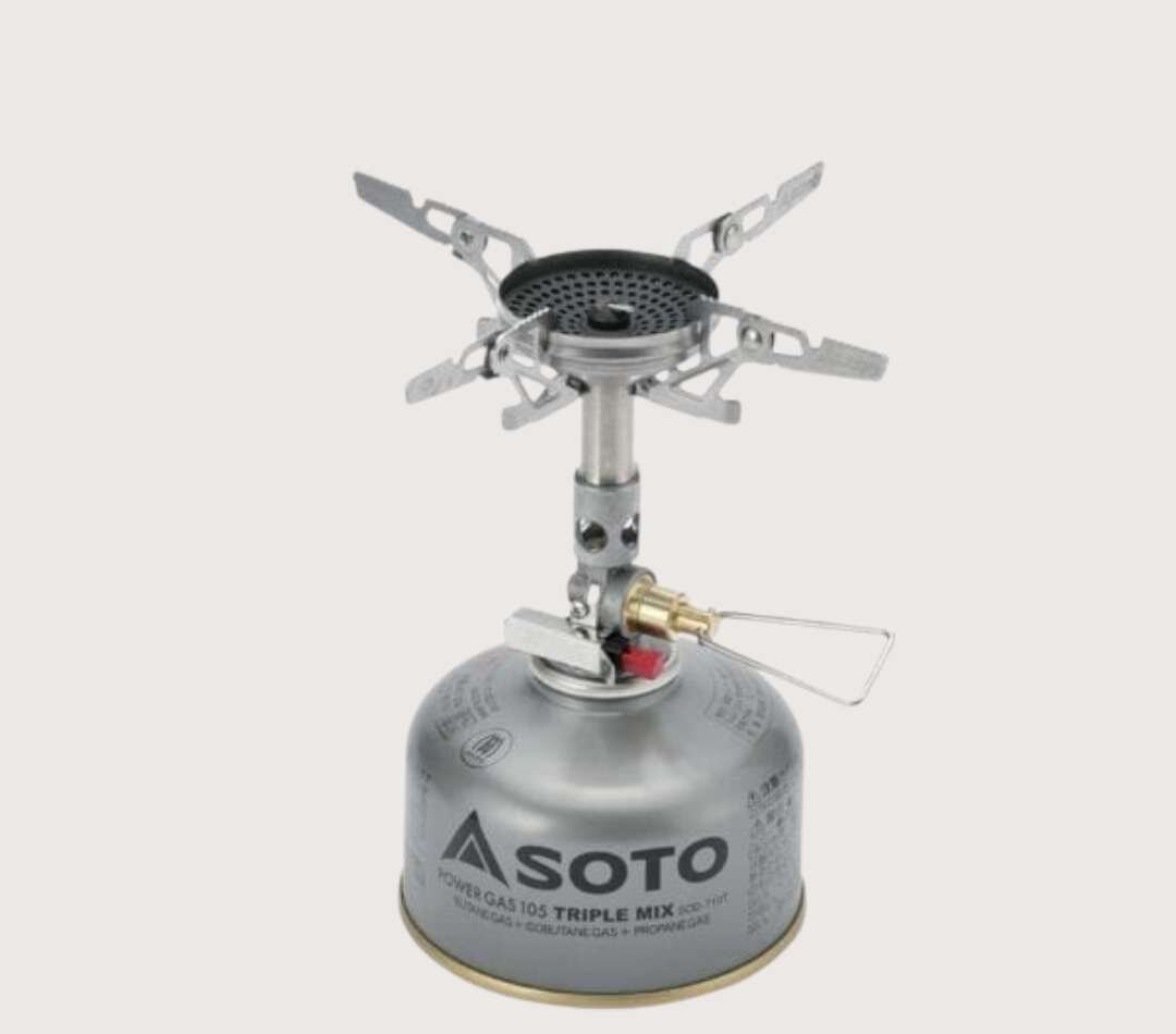 SOTO WindMaster burner with the four-arm 4Flex pot support, screwed onto a SOTO gas canister