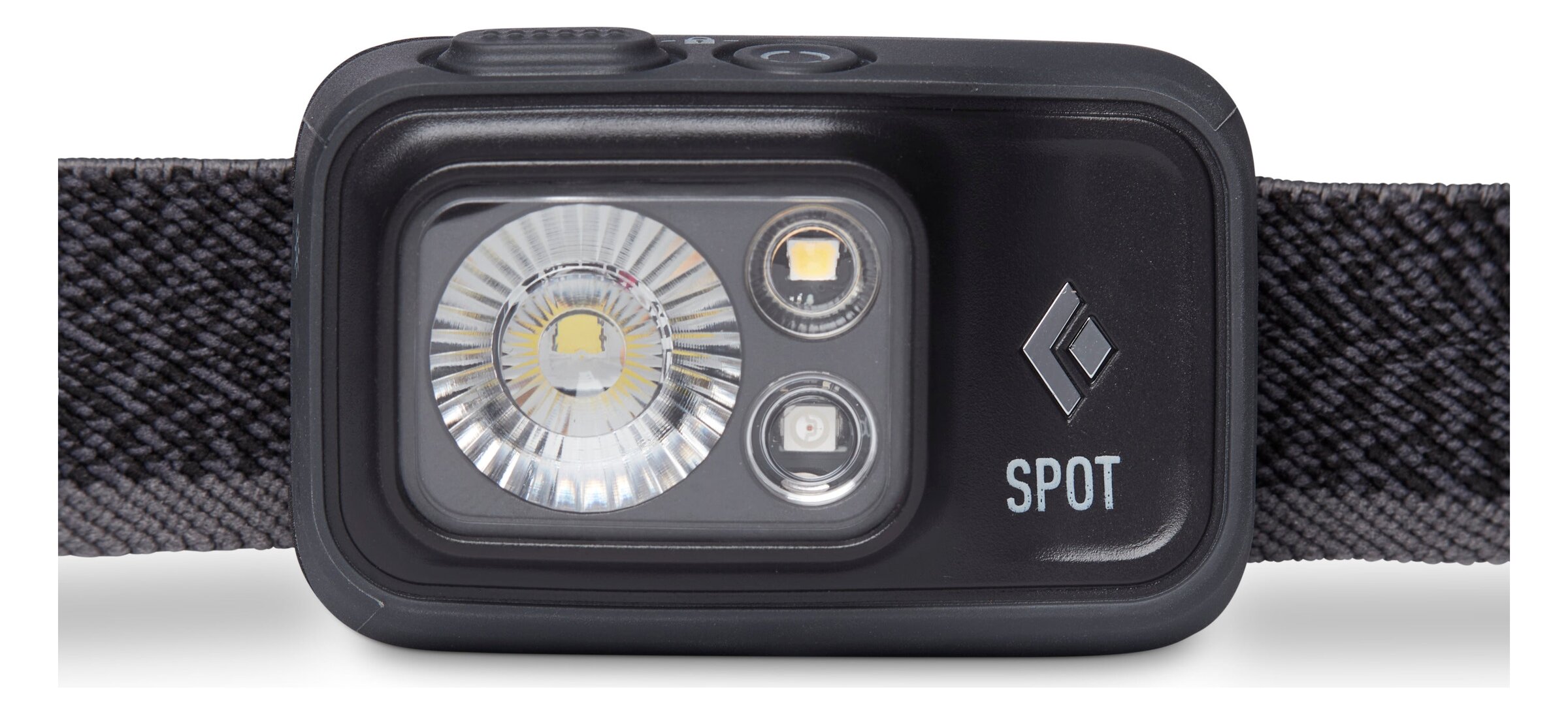 The front of a Black Diamond Spot 400 headlamp: a dark housing with a lens and two small LEDs, the maker's mark on one side