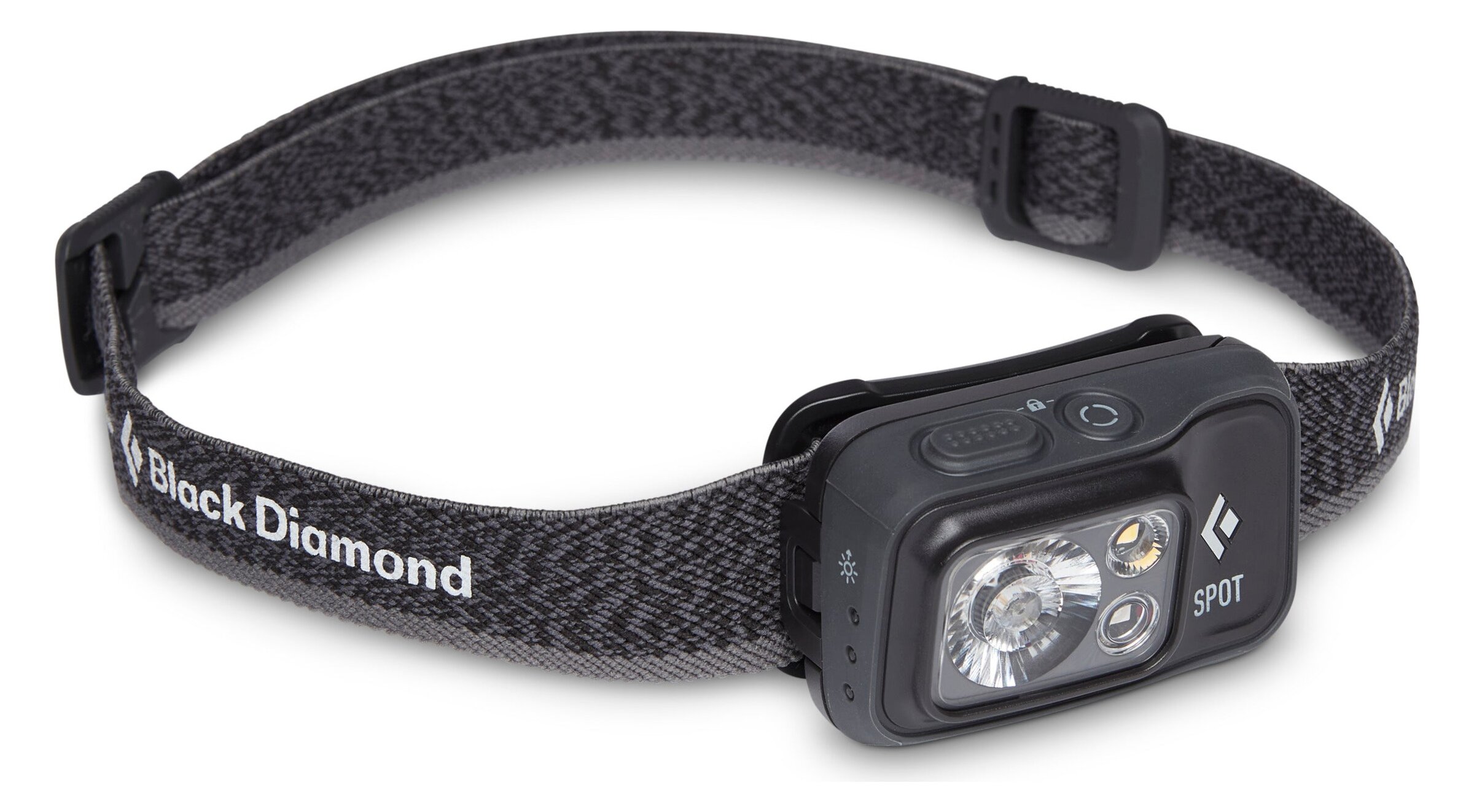 A graphite Black Diamond Spot 400 headlamp seen at an angle, with a patterned grey headband