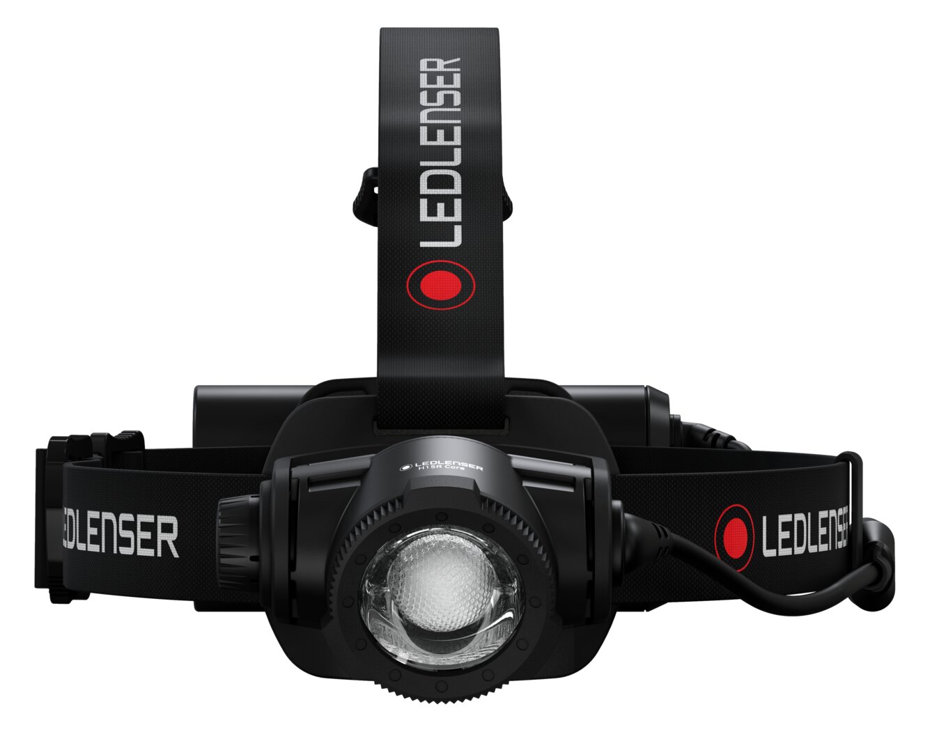 A Ledlenser H15R Core headlamp from the front: a large black lamp with a round lens, a headband and a strap over the head