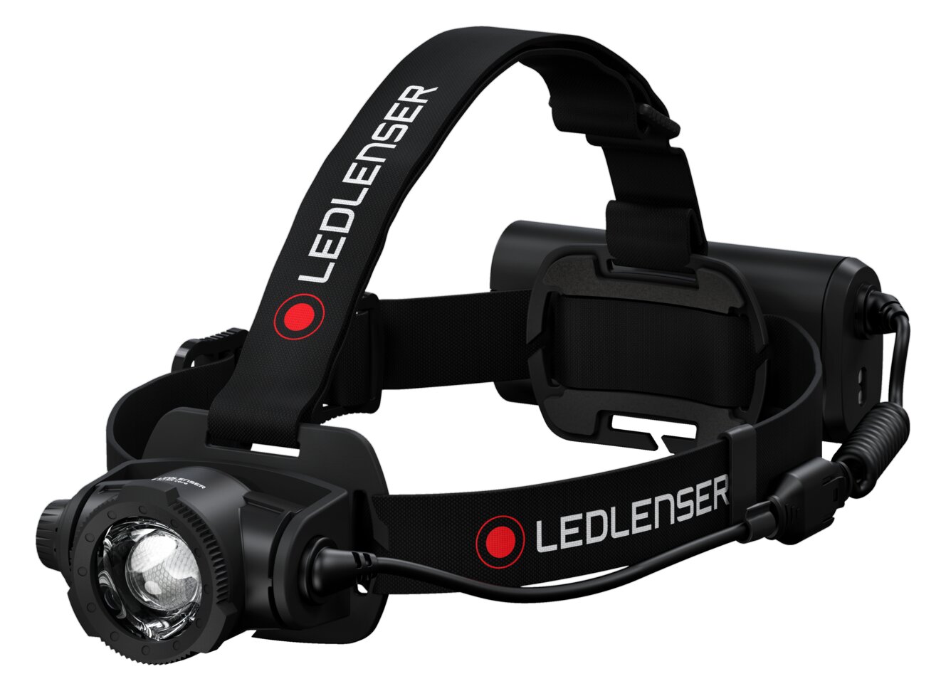 A Ledlenser H15R Core headlamp seen at an angle, with a strap over the head and the Ledlenser name on the headband