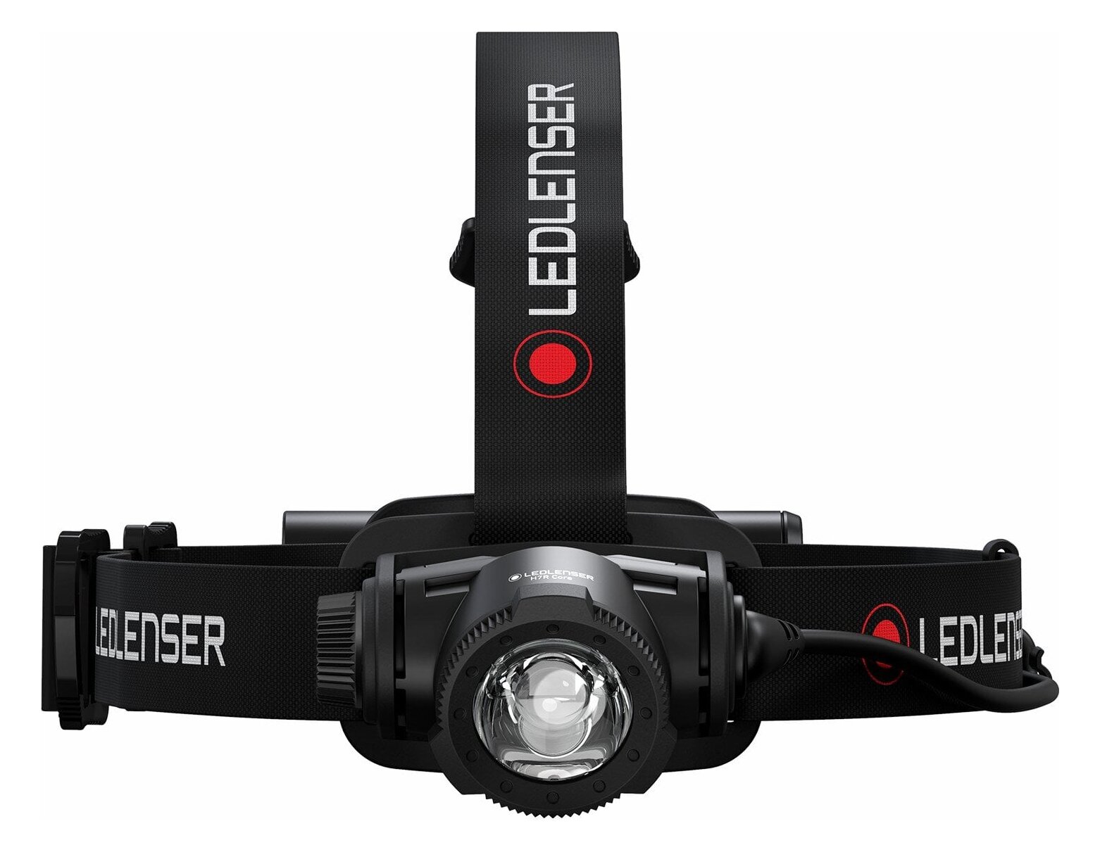 A Ledlenser H7R Core headlamp from the front: a black lamp with a round lens, a headband and a strap over the top of the head