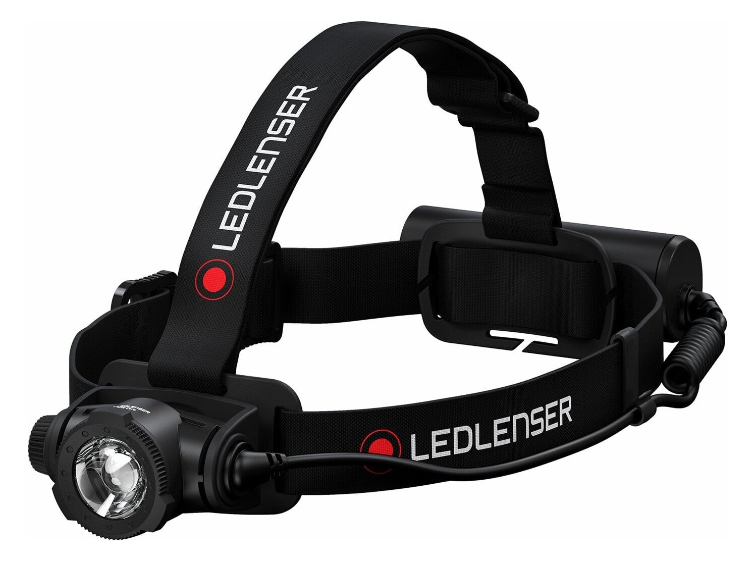 Czołówka Ledlenser H7R Core widziana z ukosa z paskiem nad głową i napisem Ledlenser na opasce