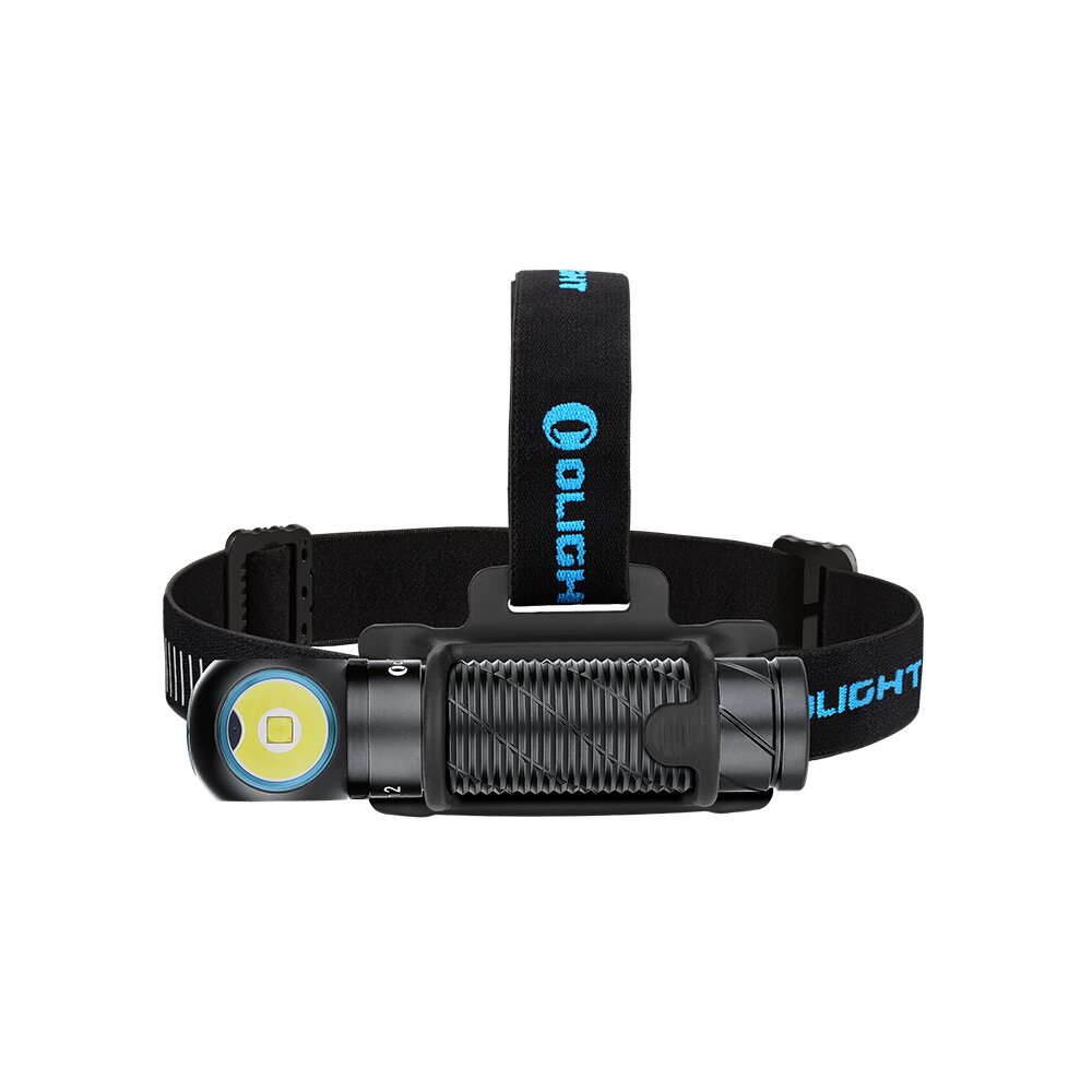 An Olight Perun 2 headlamp: a cylindrical ridged body with a lens on the left, on a headband with the Olight name