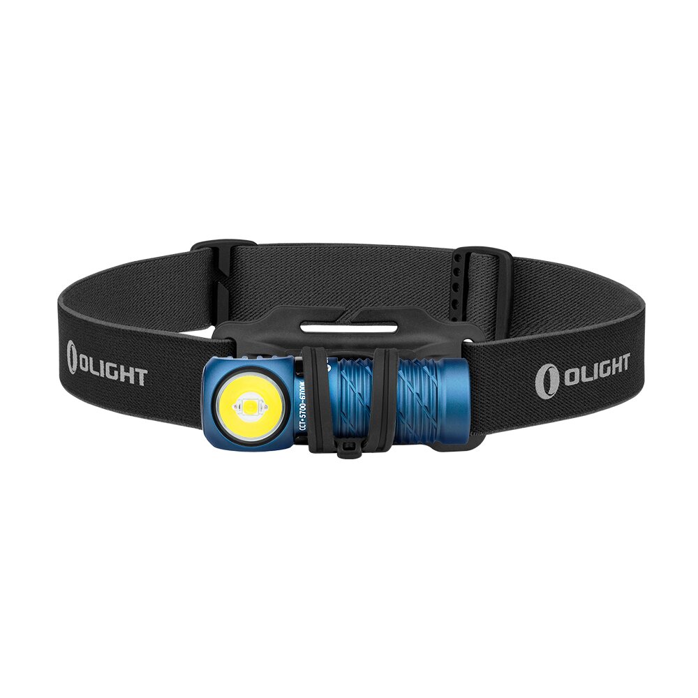 Czołówka Olight Perun 2 Mini: walcowaty korpus z jedną soczewką na opasce z napisem Olight