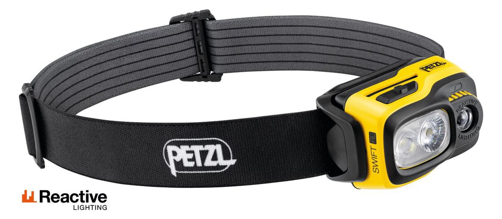 A Petzl Swift RL headlamp seen from the side: a yellow and black lamp on a black headband with the Petzl name