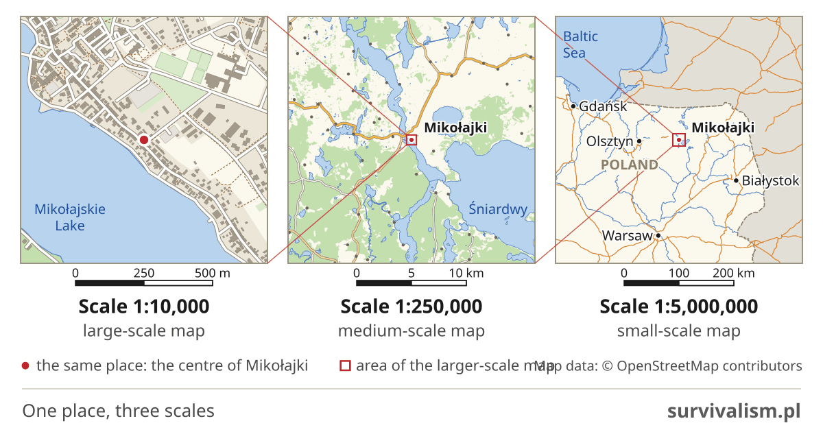 The same area around Mikołajki on three maps: at 1:10,000 (a large-scale map) streets and individual buildings, at 1:250,000 (a medium-scale map) the lakes, forests and roads around the town, at 1:5,000,000 (a small-scale map) north-eastern Poland with the Baltic coast and big cities
