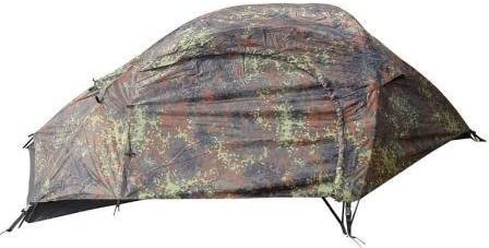 Low Mil-Tec Recom Flecktarn tent on a white background, side view