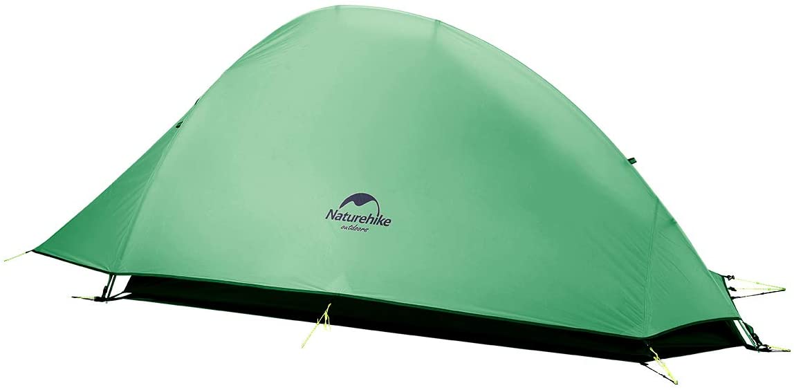 Green Naturehike Cloud-Up 1 tent seen at an angle from the back, white background