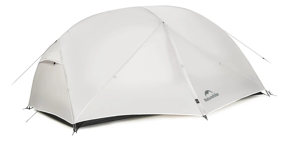 Light grey Naturehike Mongar Pro tent pitched with guylines, on a white background