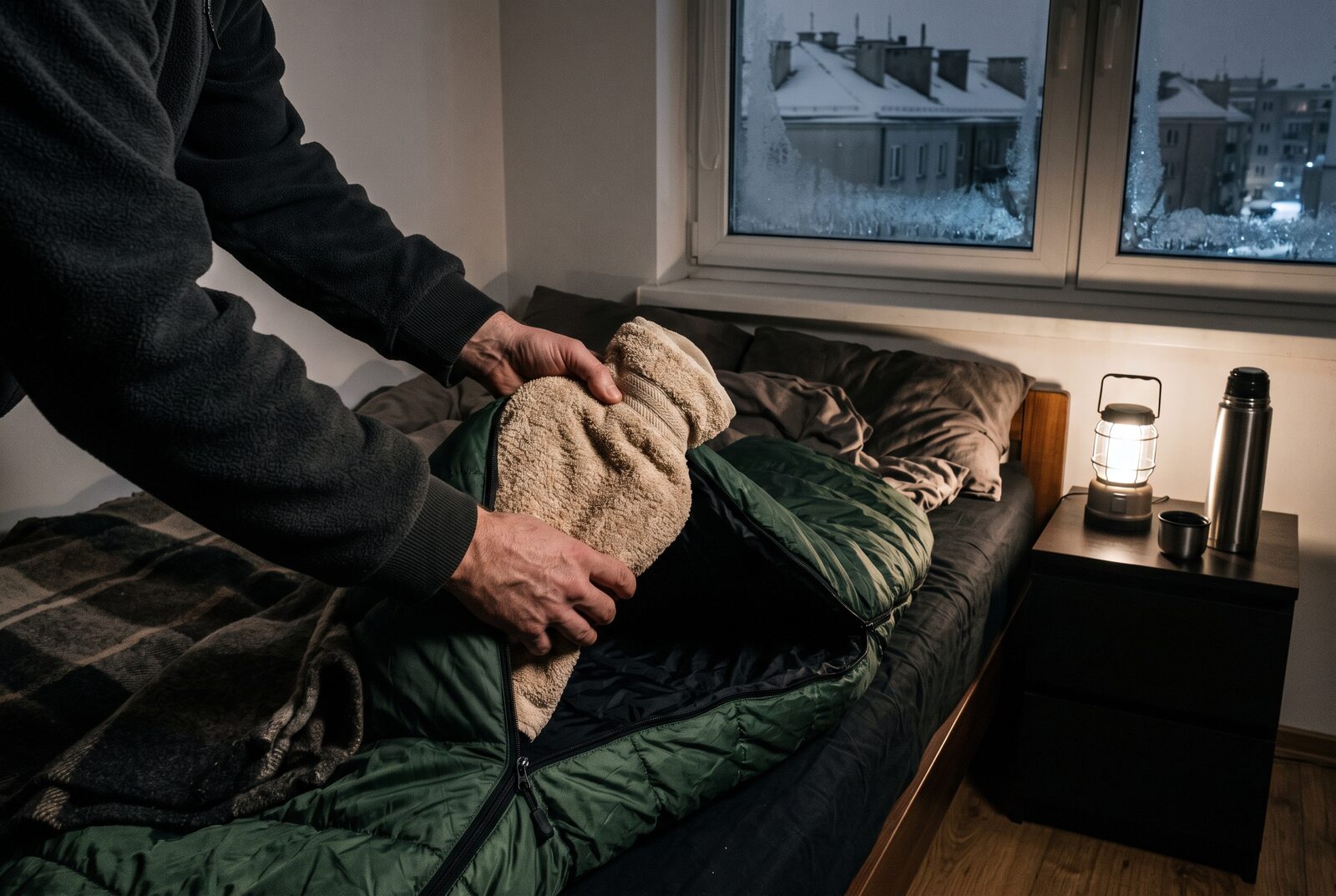 Ogrzewanie bez prądu: termofor owinięty ręcznikiem wsuwany do śpiwora w zimnym mieszkaniu, obok termos i lampka
