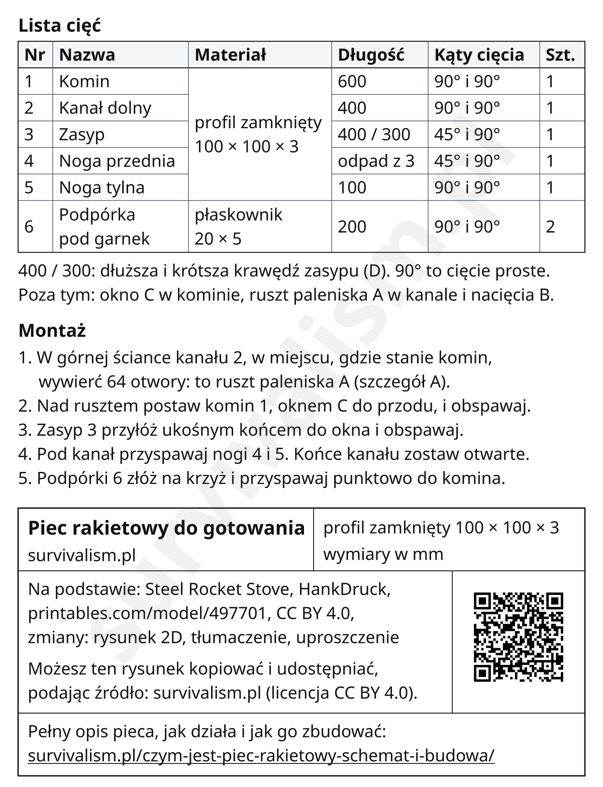 Lista cięć pieca rakietowego z profilu 100 x 100 x 3 mm i płaskownika 20 x 5 mm, z kątami cięcia i kolejnością montażu