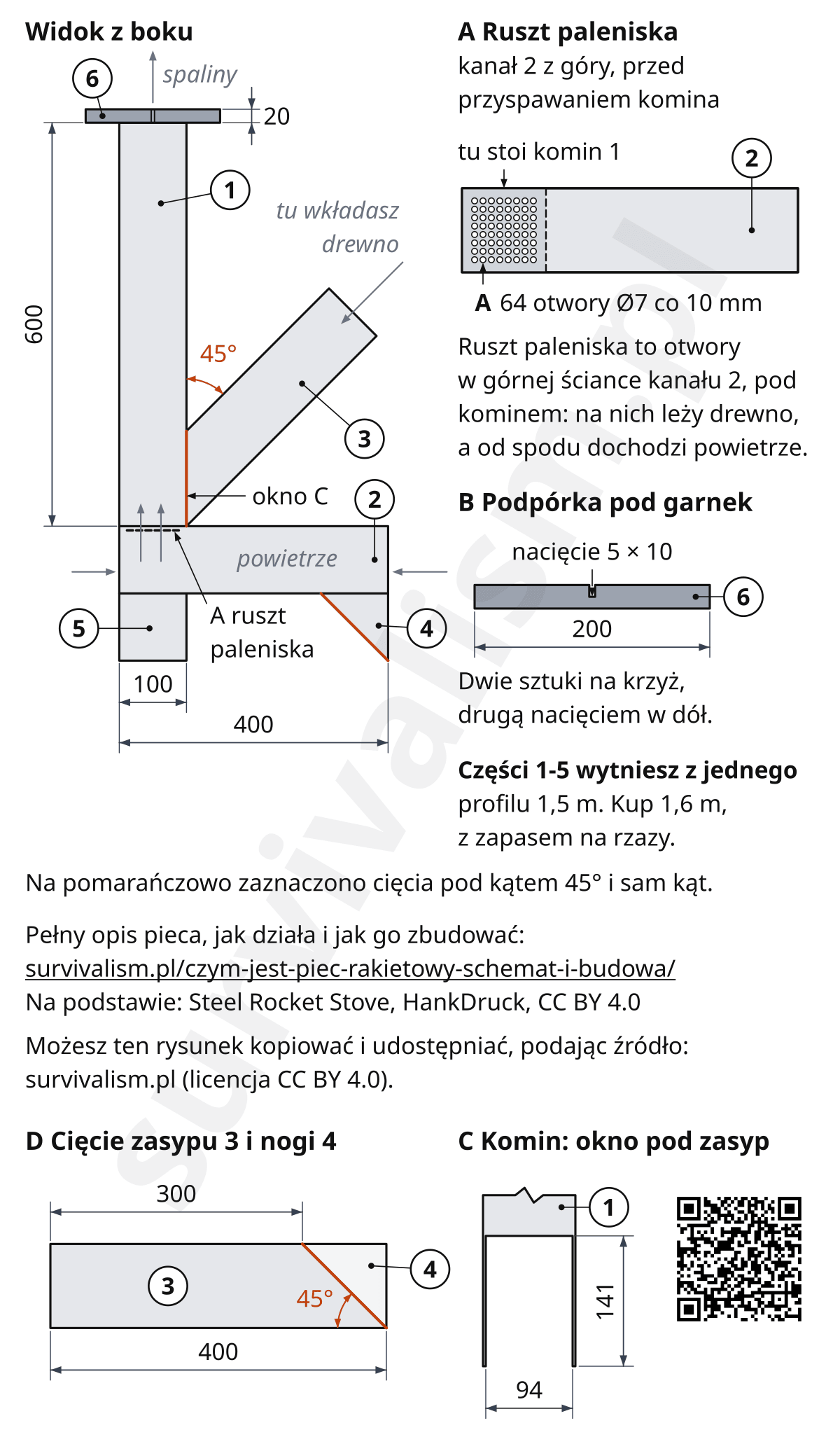 Piec rakietowy z profilu 100 x 100 x 3 mm, rysunek z wymiarami: widok z boku, ruszt paleniska z otworami, podpórka pod garnek, cięcie zasypu i okno w kominie