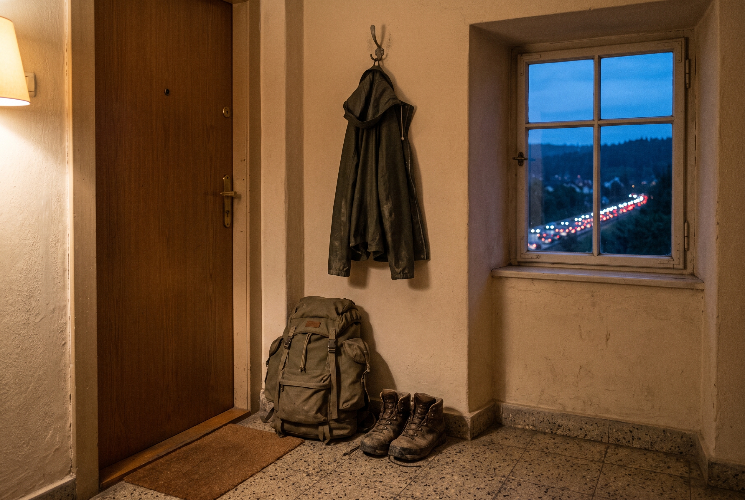Spakowany plecak ucieczkowy i buty trekkingowe przy drzwiach mieszkania, za oknem korek na drodze o zmierzchu