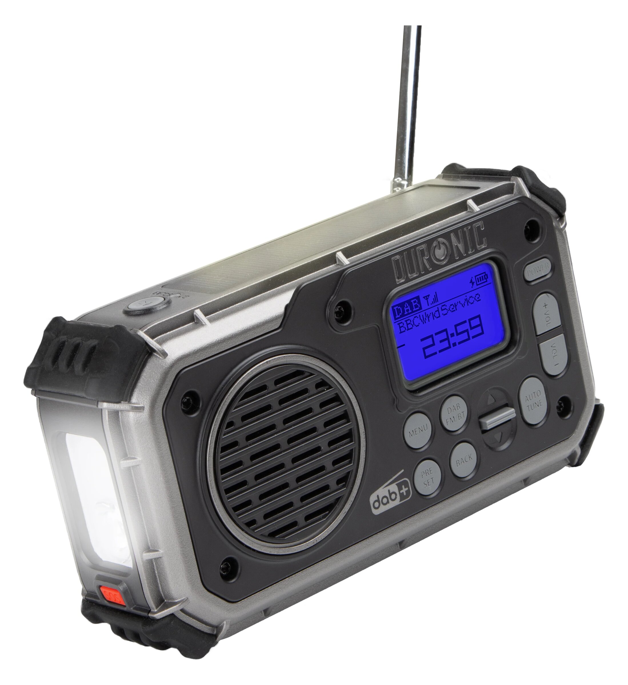 A Duronic SDAB1 radio: a blue display, a speaker, a row of buttons, a telescopic antenna and a flashlight on the left