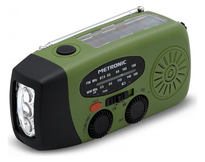 A green and black Metronic Radio Joe with a solar panel on top, a flashlight at the front and two dials