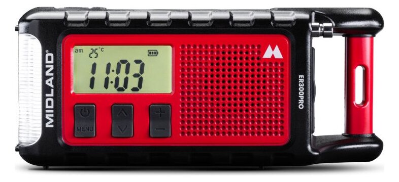 A red and black Midland ER300 Pro radio with a display showing the time, three buttons and a handle on the right