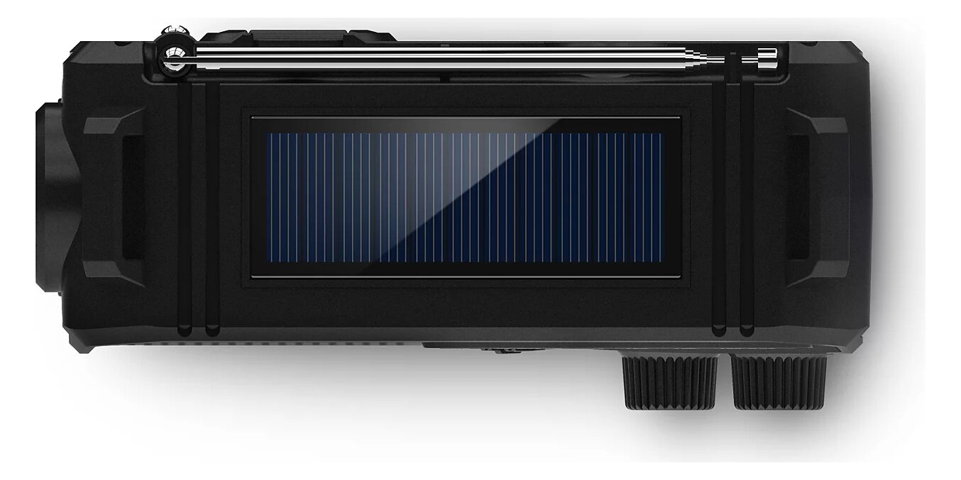 The top of the Philips TAR1609 radio with a solar panel and two knobs