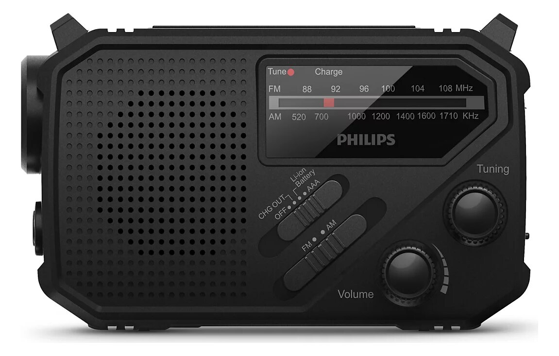 Czarne radio Philips TAR1609: głośnik z lewej, skala stacji i pokrętła z prawej, na górze uchwyt
