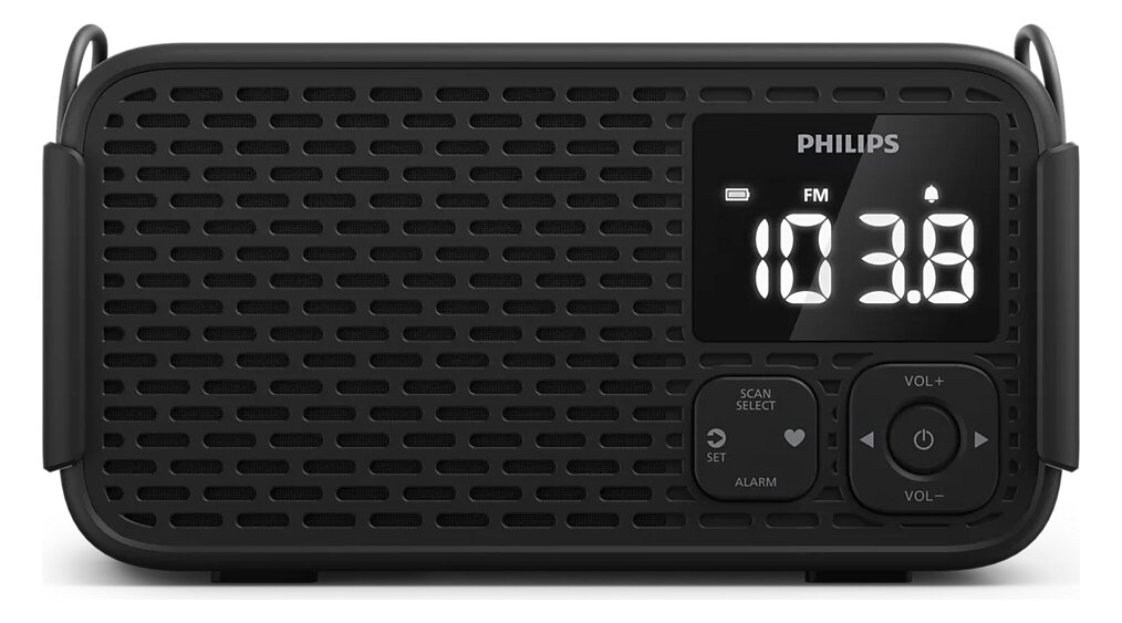 Czarne radio Philips TAR3500 z kratką głośnika i jasnym wyświetlaczem pokazującym 103.8