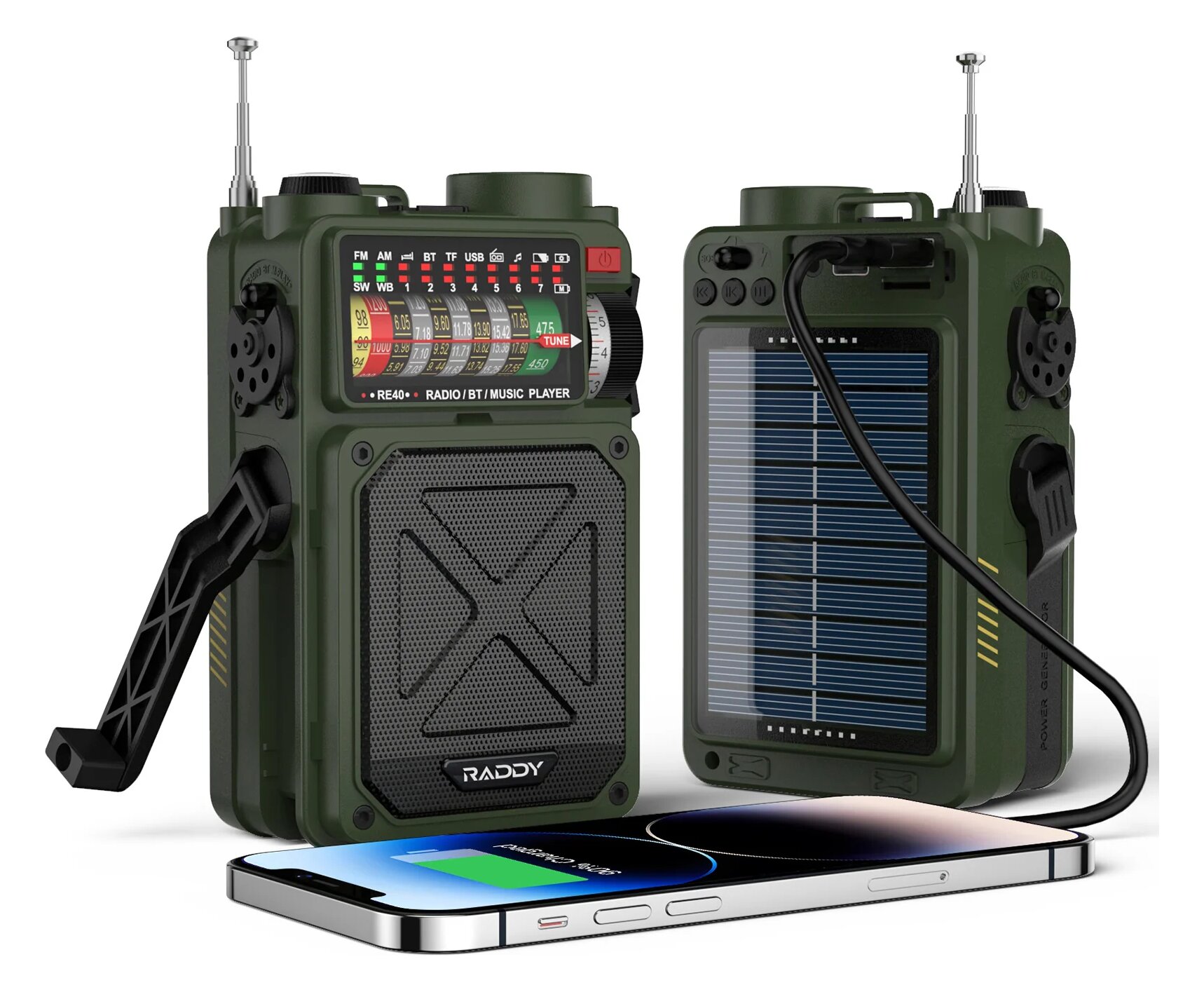 A Raddy RE40 radio with its crank unfolded and a second one showing the solar panel on its back, with a phone charging by cable