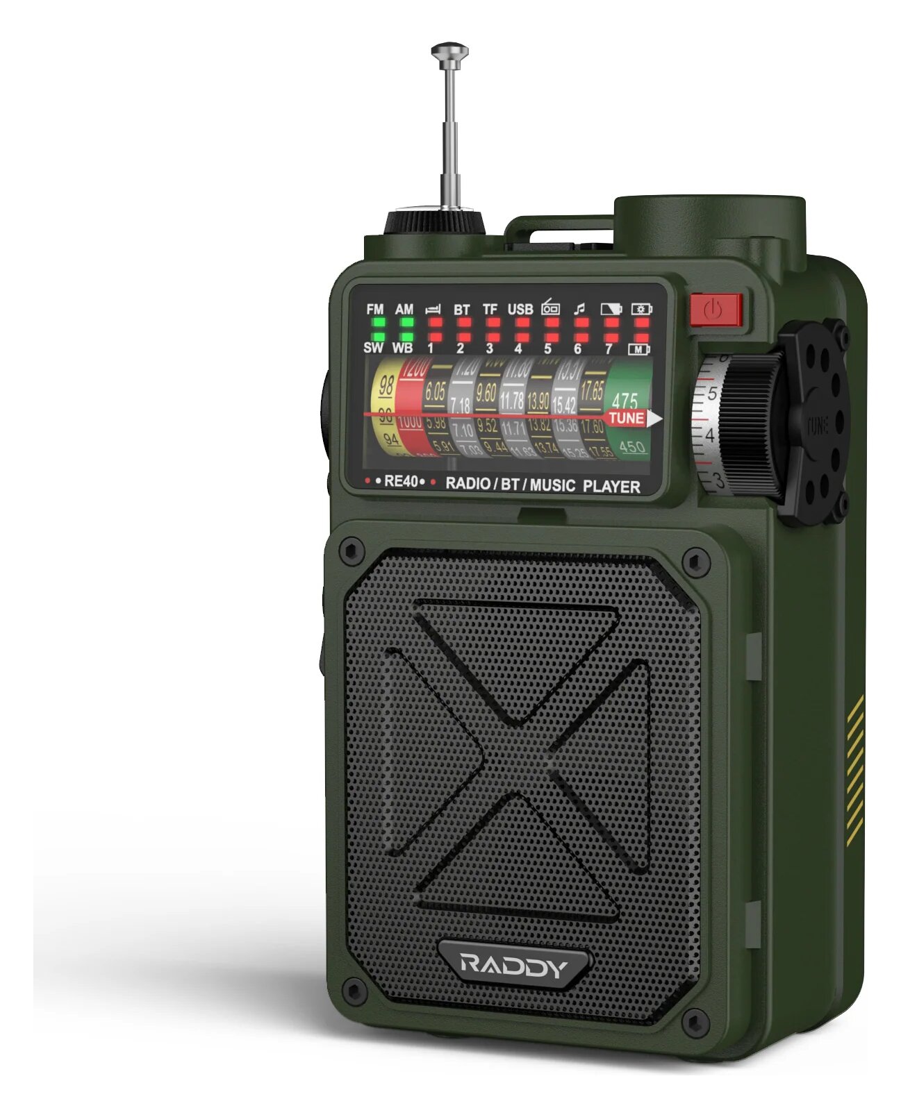 Zielone radio Raddy RE40 z wysuniętą anteną, kolorową skalą stacji u góry, dużym głośnikiem i pokrętłem z boku