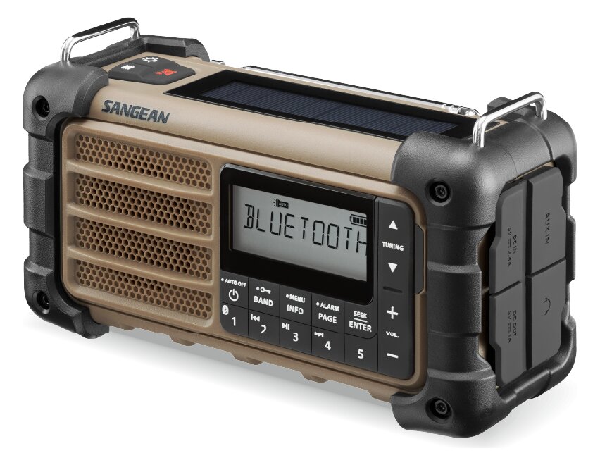 Radio Sangean MMR-99 widziane z ukosa, z uchwytem na górze i kratkami głośników