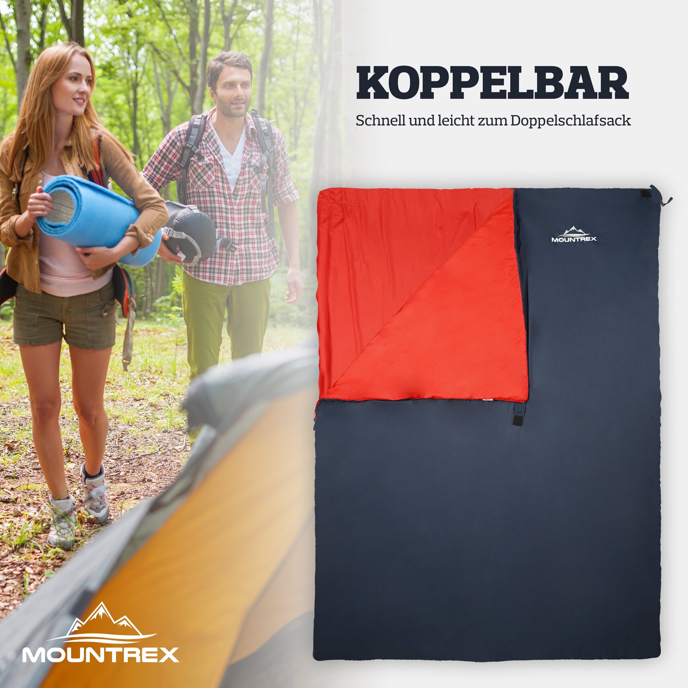 Two Mountrex sleeping bags joined into one double bag, a couple in the woods