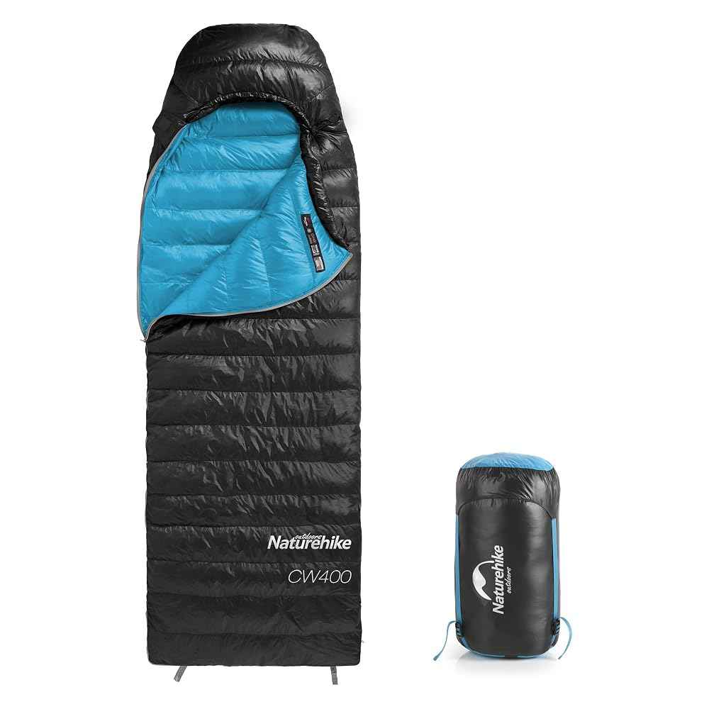 Black Naturehike CW400 down sleeping bag laid out, with a hood