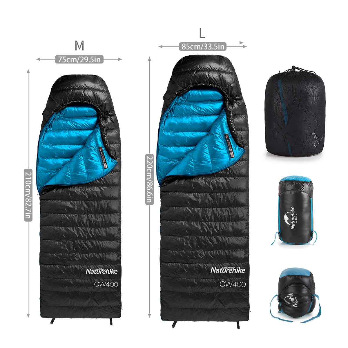 Naturehike CW400 M and L sizes compared: 75 and 85 cm wide, with sacks
