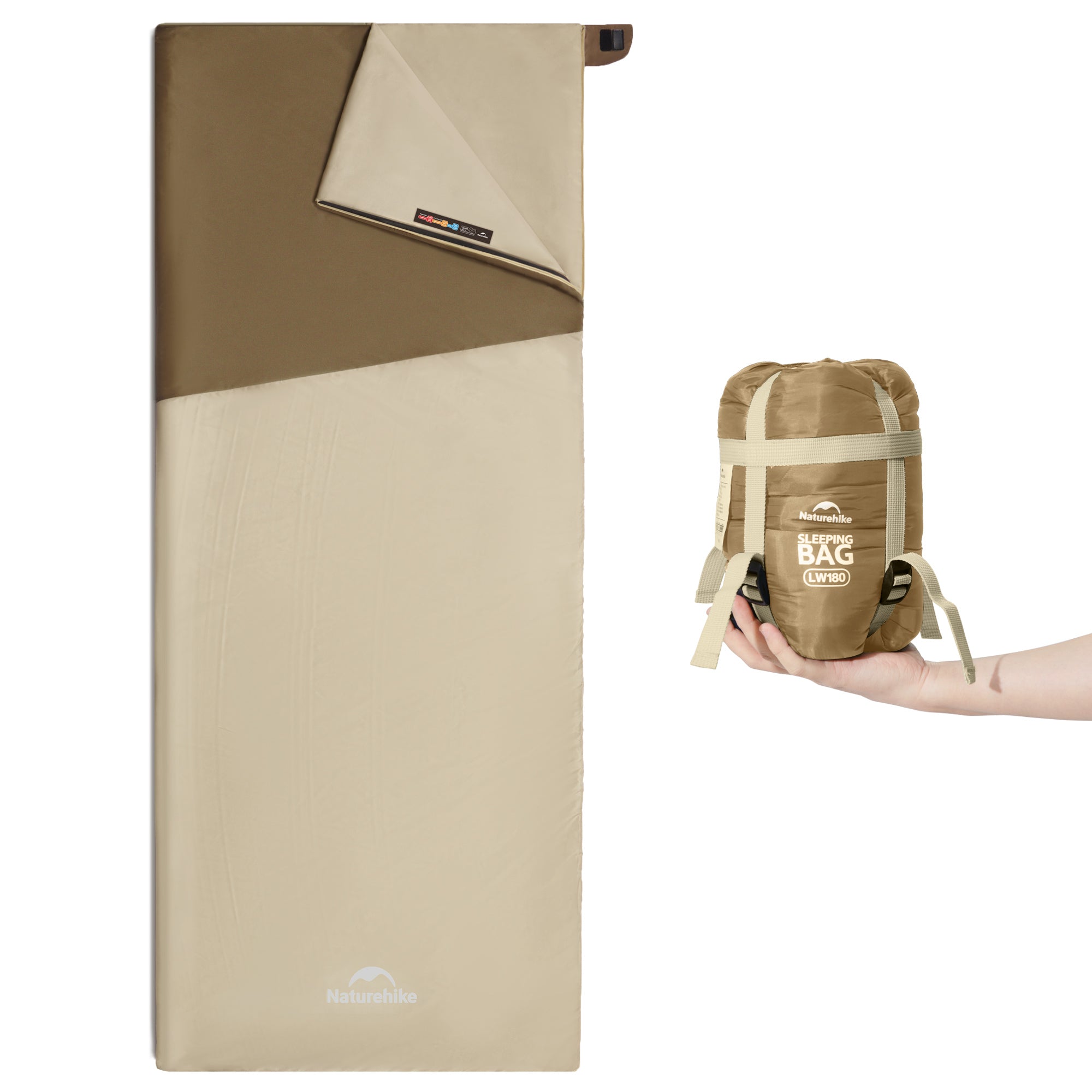 Brown Naturehike LW180 sleeping bag laid out next to its compression sack