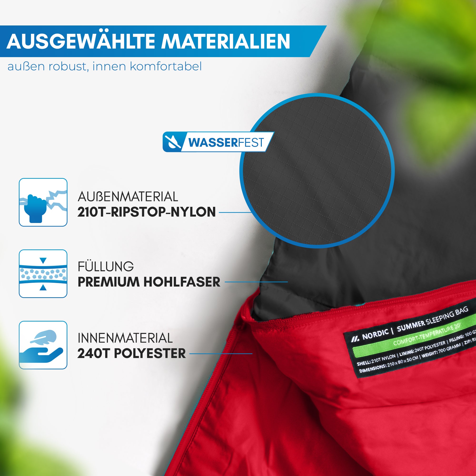 Grafika z materiałami śpiwora Nordmut Askja: ripstop 210T, wypełnienie hollow fibre, podszewka 240T