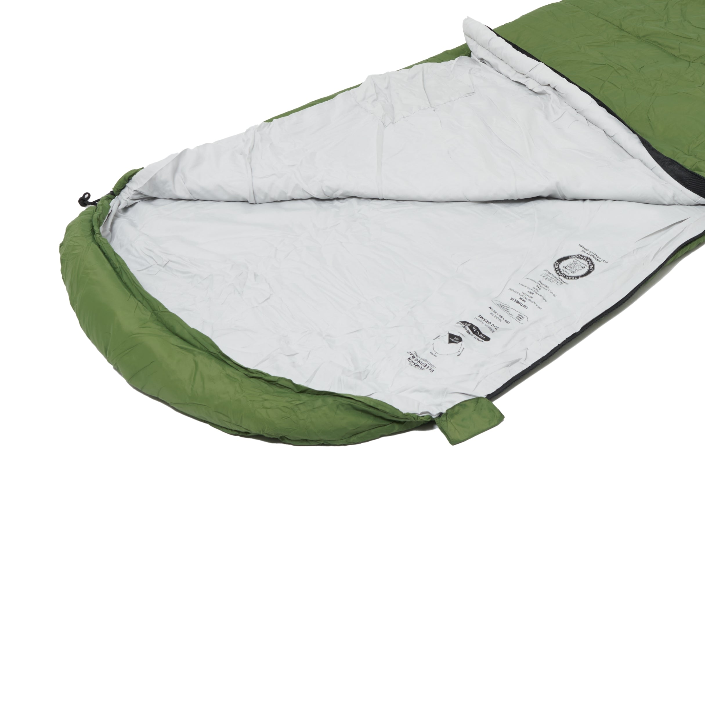 Trinordic Somra MR sleeping bag partly unzipped, showing the lining