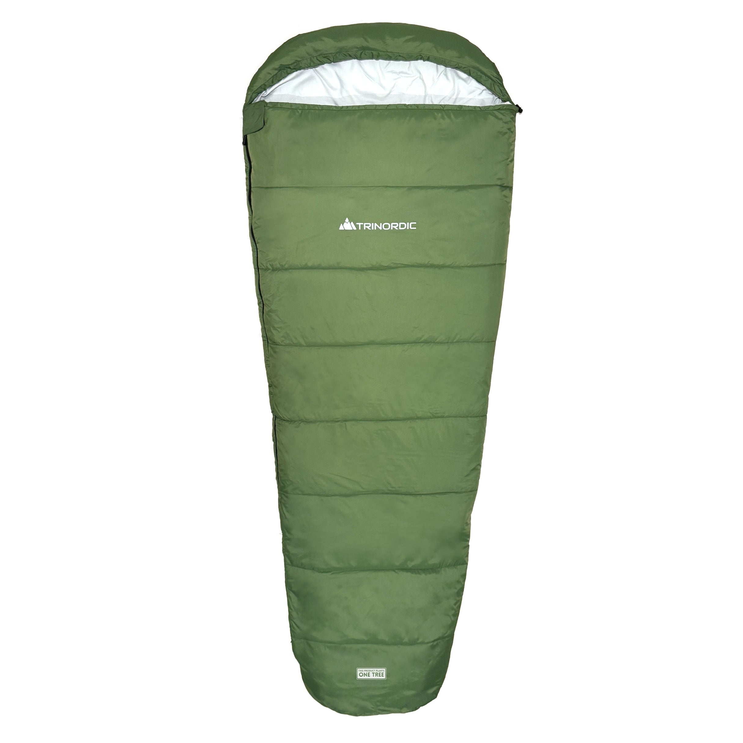 Green Trinordic Somra MR mummy sleeping bag zipped up, with a hood
