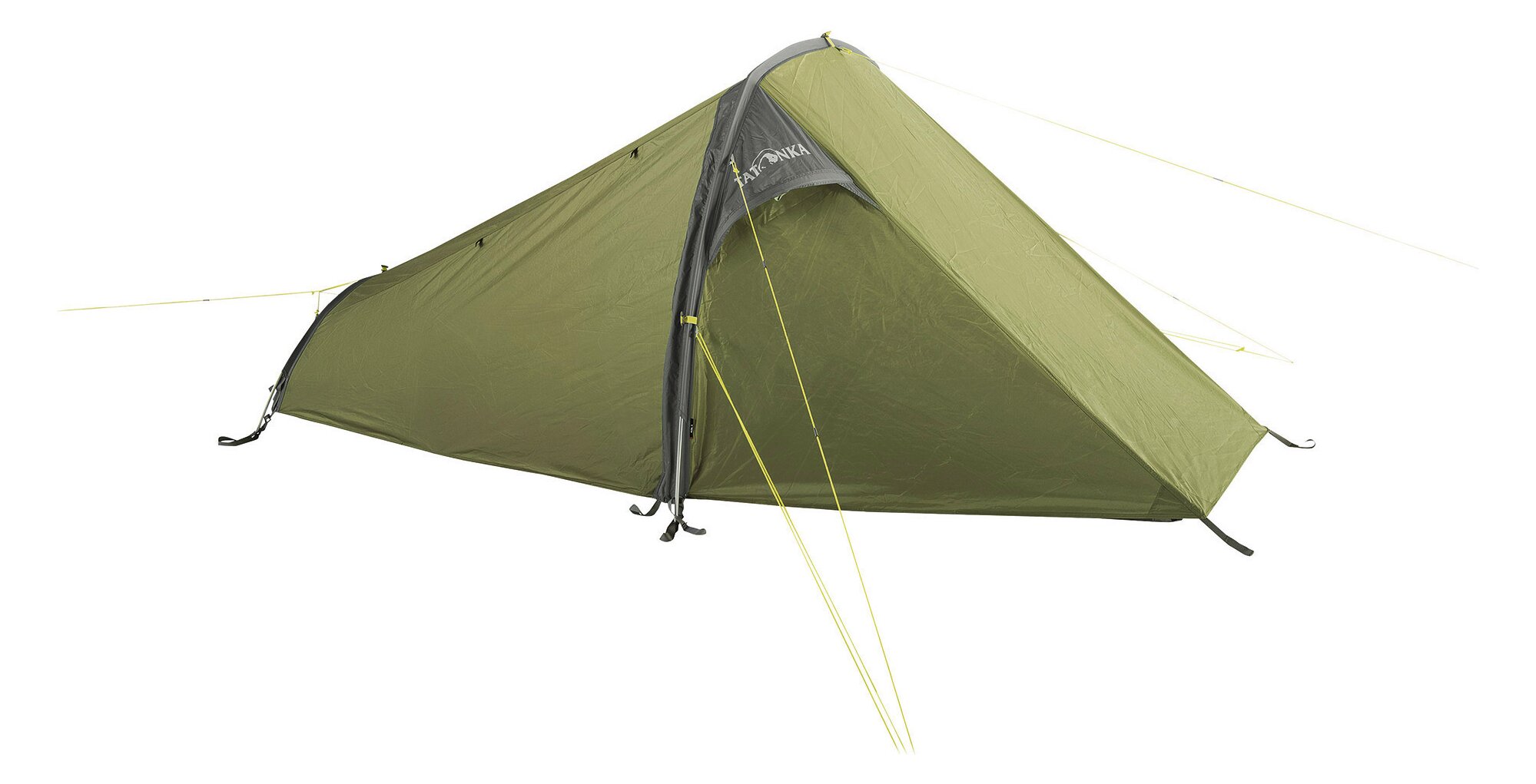 Olive Tatonka Koli 1 tunnel tent pitched, on a white background
