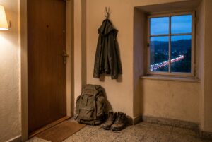 Spakowany plecak ucieczkowy i buty trekkingowe przy drzwiach mieszkania, za oknem korek na drodze o zmierzchu