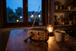 Which hand-crank radio: a hand-crank radio with an extended antenna on a wooden table, a lantern and a mug of tea beside it