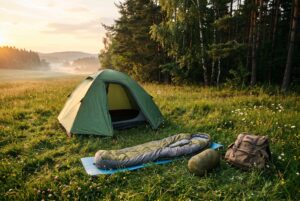 Summer sleeping bag: a light sleeping bag on a foam pad in front of a tent on a meadow by a forest on a summer evening