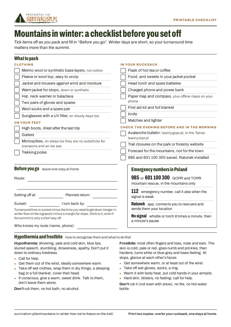 First page of the printable Mountains in winter checklist